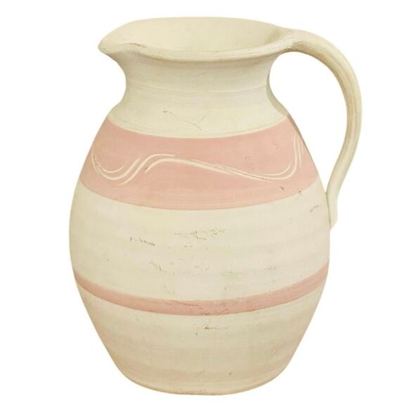 Vintage Handmade Pottery Pitcher Signed  Ceramic Jug Pink White - Picture 2 of 5